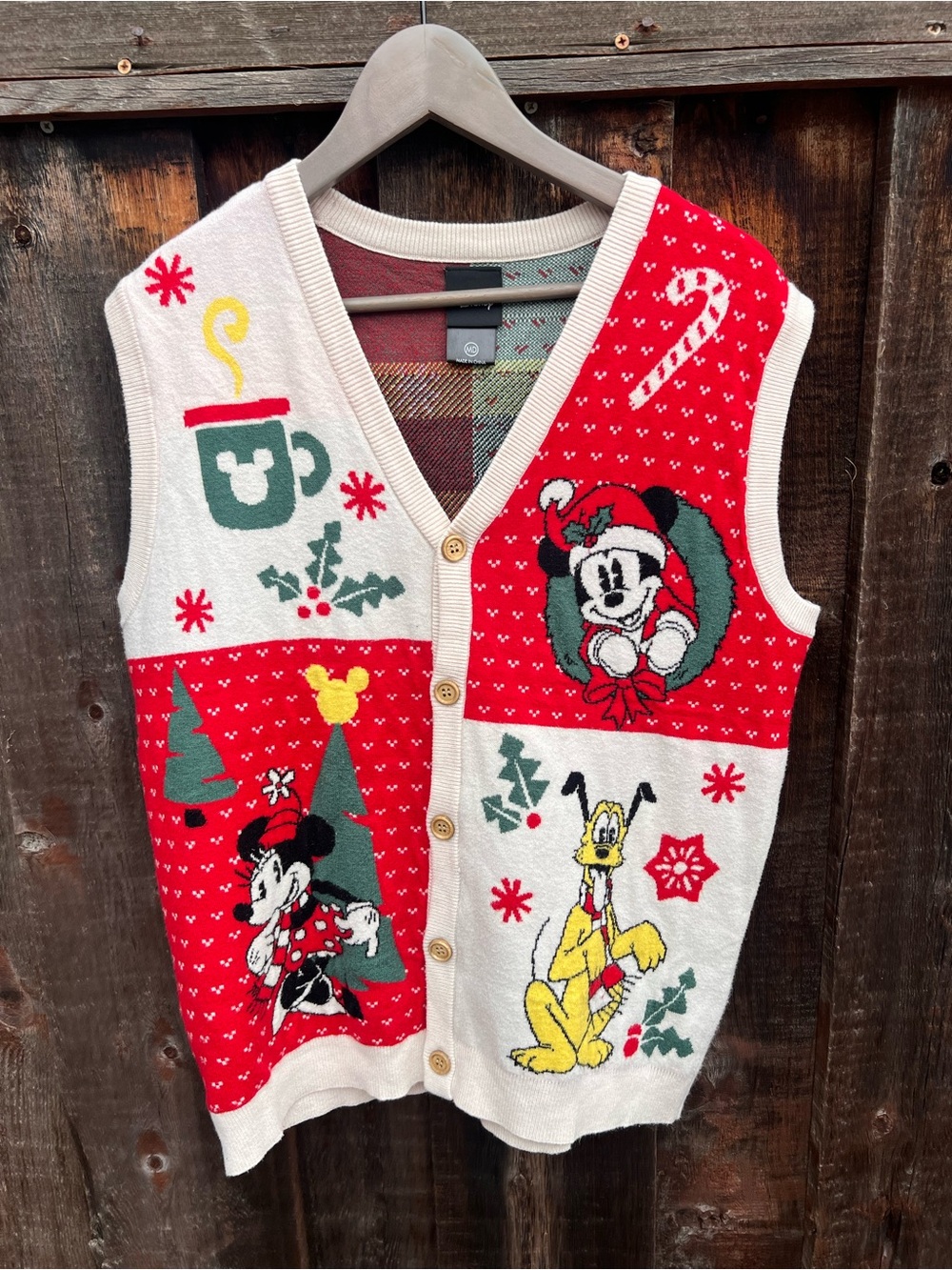 Disney Holiday Knit Vest with Mickey, Minnie & Pluto - Red, Cream, Green, Yellow